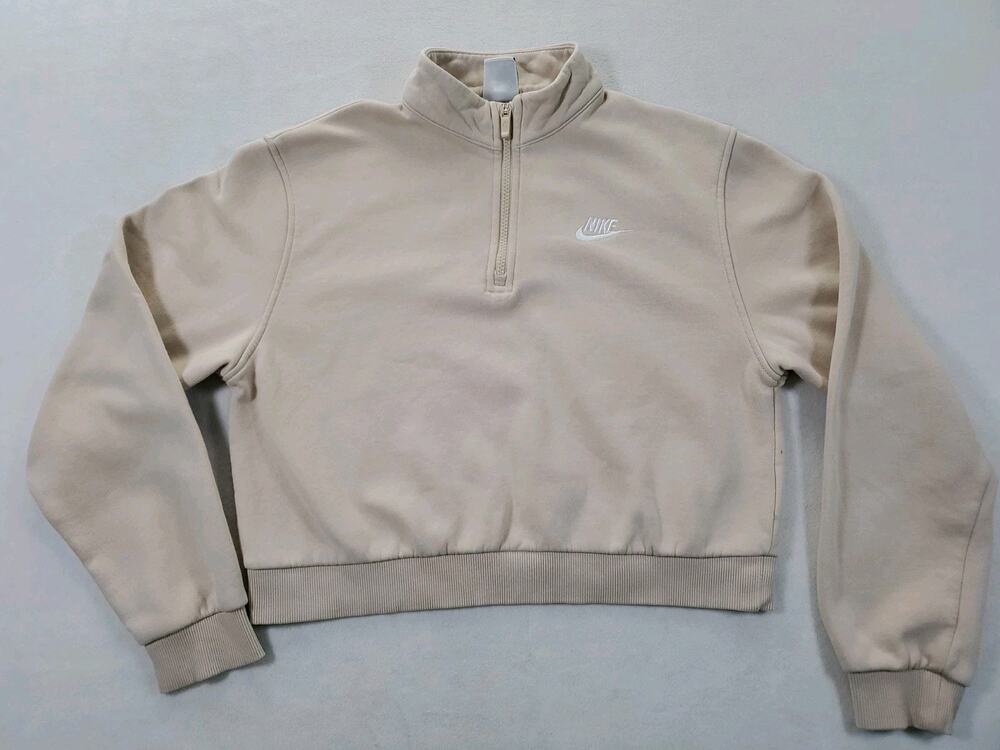 Nike Sweatshirt Women XL Tan Beige Sweater Logo Cropped Gym Collared Swoosh
